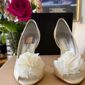 Caparros Cream Open-Toe Heels with Floral Pom Detail